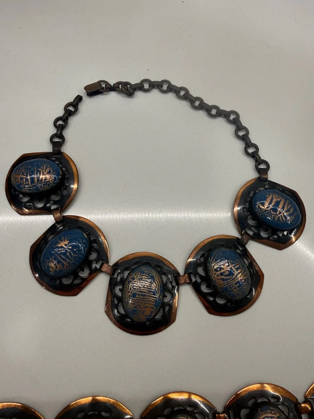 Vintage Artisan Mixed Metal Blue Cabochon Necklace & Bracelet Set